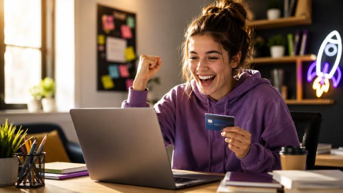 Diáklány örül a laptopja előtt, kezében bankkártyával